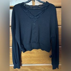 NWOT Black Long Sleeve Blouse with Laced V-Neck and Buttons M